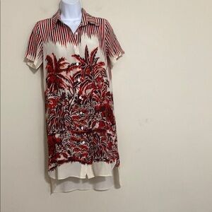 Vintage Tropical Red and White Shirt Dress tunic silk women S beach Y2K vacation
